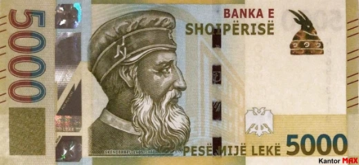 Przód banknotu 5.000 lek albańskich z 2019 r.