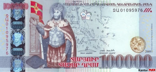 Przód banknotu 100.000 dram armeńskich seria 2 emisja 2009 rok