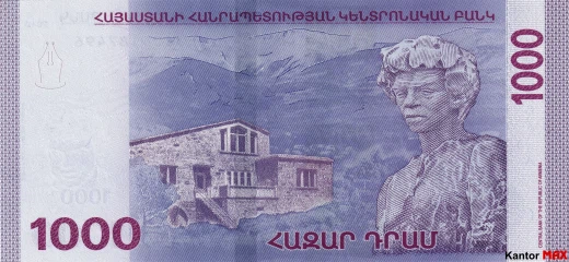 Tył banknotu 1000 dram armeńskich seria 3 emisja 2022 rok