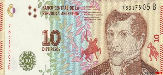 Przód banknotu 10 peso argentyńskie z 2016 roku