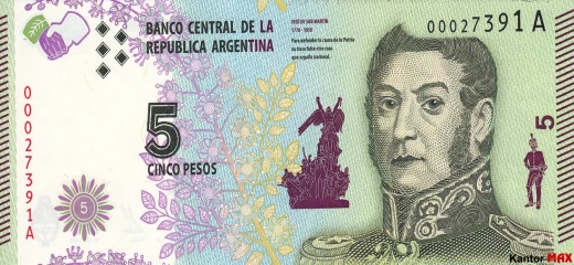 Przód banknotu 5 peso argentyńskie z 1999 roku