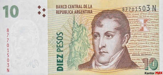 Przód banknotu 10 peso argentyńskie z 1998 roku