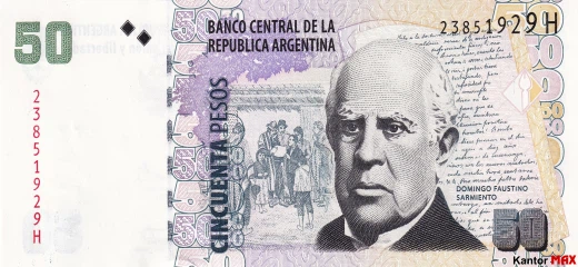 Przód banknotu 50 peso argentyńskich z 1999 roku