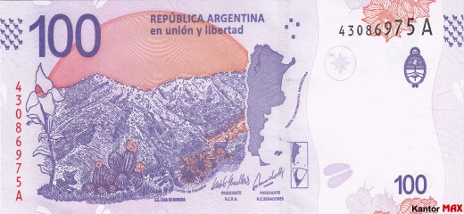 Tył banknotu 100 peso argentyńskich 2018 roku