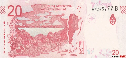Tył banknotu 20 peso argentyńskie z 2017 roku