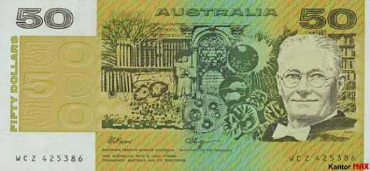 Przód wycofanego banknotu 50 dolarów australijskich edycja 1973 roku