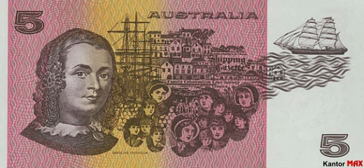 Tył wycofanego banknotu 5 dolarów australijskich edycja 1967 roku