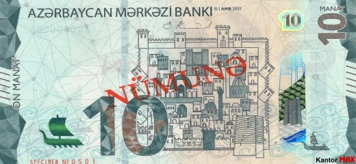 Przód banknotu 10 manatów emisja z 2022 roku