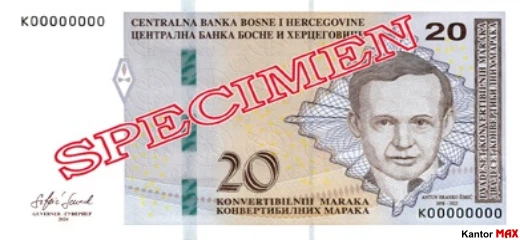 Przód banknotu 20 marek Federacji Bośni i Hercegowiny z 2024 roku