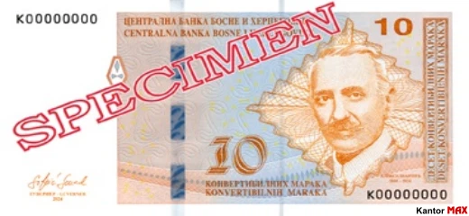 Przód banknotu 10 marek Republiki Serbskiej z 2024 roku
