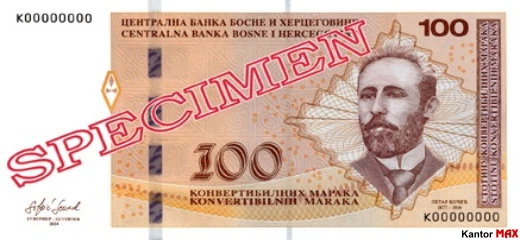 Przód 100 marek Republiki Serbskiej z 2024 roku