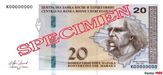 Przód banknotu 20 marek Republiki Serbskiej z 2024 roku