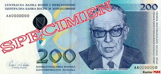 Przód banknotu 200 marek bośniackich z 2002 roku