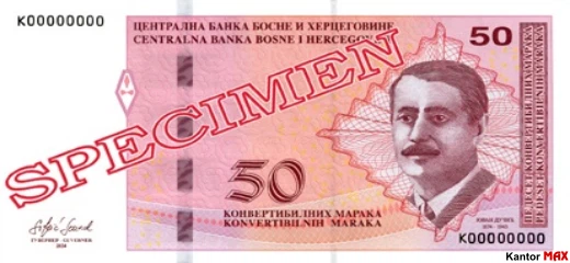 Przód banknotu 50 marek Republiki Serbskiej z 2024 roku