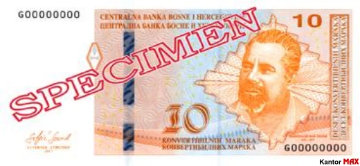 Przód banknotu 10 marek Federacji Bośni i Hercegowiny z 2017 roku