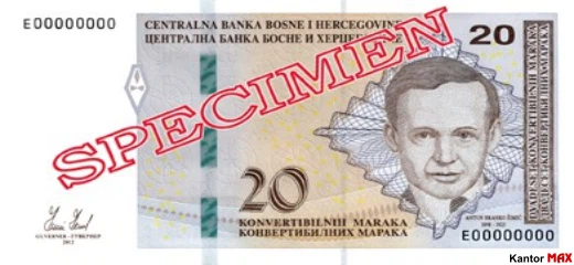Przód banknotu 20 marek Federacji Bośni i Hercegowiny z 2012 roku