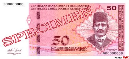 Przód banknotu 50 marek Federacji Bośni i Hercegowiny z 2017 roku