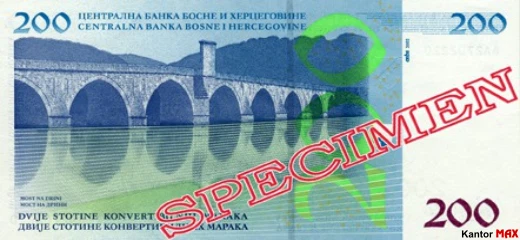 Tył banknotu 200 marek bośniackich z 2002 roku