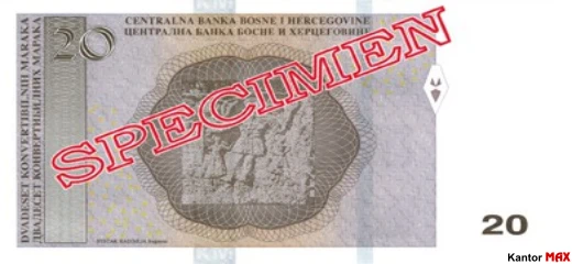 Tył banknotu 20 marek Federacji Bośni i Hercegowiny z 2024 roku