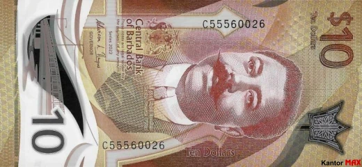 Przód banknotu polimerowego 10 dolarów barbadoskich seria 2022