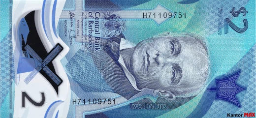 Przód banknotu polimerowego 2 dolary barbadoskie seria 2022