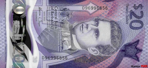 Przód banknotu polimerowego 20 dolarów barbadoskich seria 2022