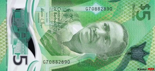 Przód banknotu polimerowego 5 dolarów barbadoskich seria 2022