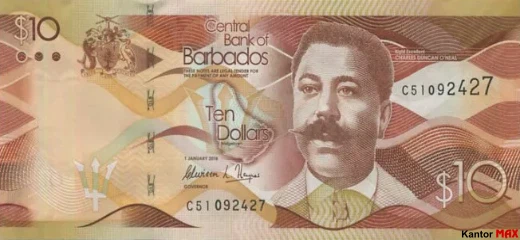 Przód banknotu 10 dolarów barbadoskich seria 2013