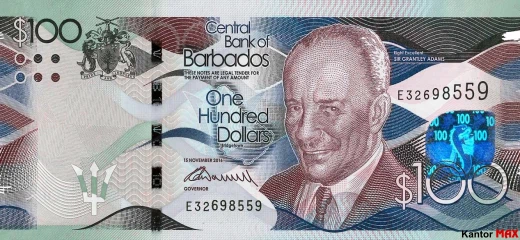 Przód banknotu 100 dolarów barbadoskich seria 2013
