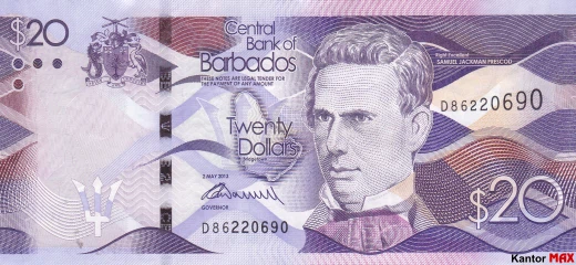 Przód banknotu 20 dolarów barbadoskich seria 2013