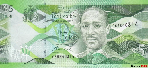 Przód banknotu 5 dolarów barbadoskich seria 2013