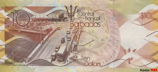 Tył banknotu 10 dolarów barbadoskich seria 2013