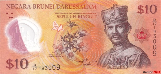 Przód banknotu polimerowego 10 dolarów brunejskich 2011 rok