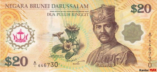 Przód banknotu polimerowego 20 dolarów brunejskich 2007 rok