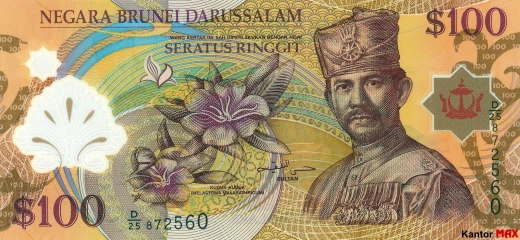 Przód banknotu polimerowego 100 dolarów brunejskich 2004 rok
