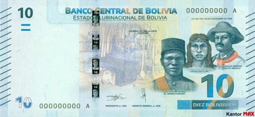 Przód banknotu 10 boliviano seria 1