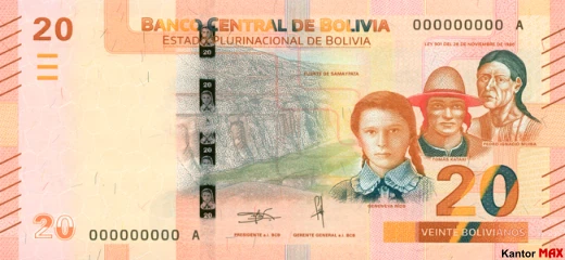 Przód banknotu 20 boliviano seria 1