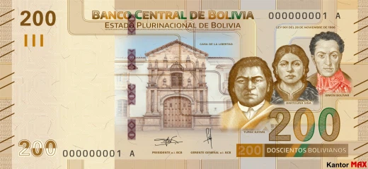 Przód banknotu 200 boliviano seria 1