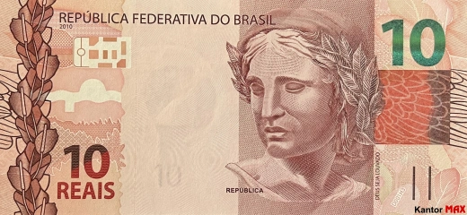 Przód banknotu 10 reali brazylijskich edycja 2012-2023 rok