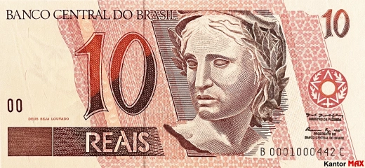 Przód banknotu 10 reali brazylijskich edycja 1997-2010 rok