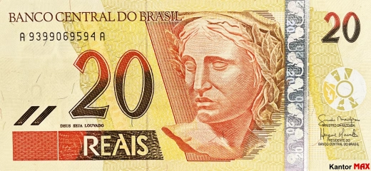 Przód banknotu 20 reali brazylijskich edycja 2002-2010 rok