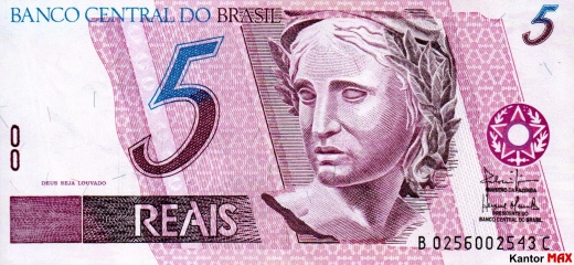 Przód banknotu 5 reali brazylijskich edycja 1997-2009 rok