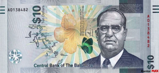 Przód banknotu 10 dolarów bahamskich seria CRISP rozwój