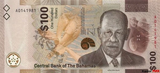 Przód banknotu 100 dolarów bahamskich seria CRISP ewolucja