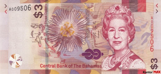 Przód banknotu 3 dolary bahamskie seria CRISP ewolucja