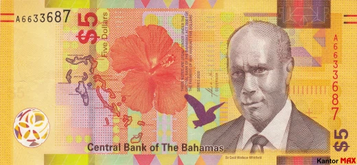 Przód banknotu 5 dolarów bahamskich seria CRISP rozwój