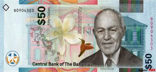 Przód banknotu 50 dolarów bahamskich seria CRISP ewolucja