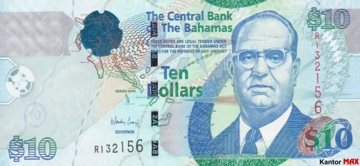 Przód banknotu 10 dolarów bahamskich seria CRISP