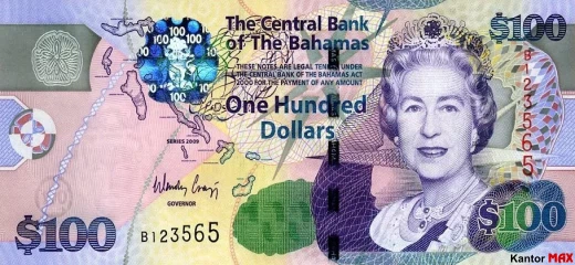 Przód banknotu 100 dolarów bahamskich seria CRISP