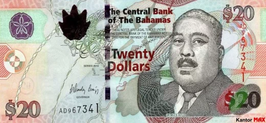 Przód banknotu 20 dolarów bahamskich seria CRISP